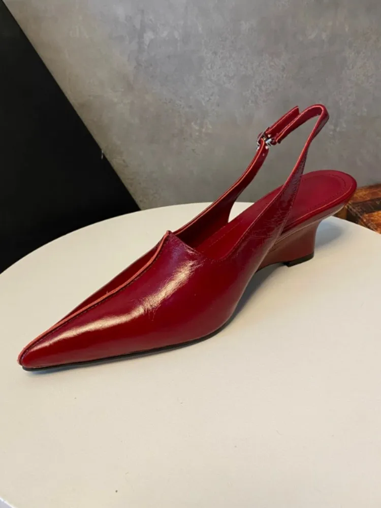 Office Ladies Elegant Cowhide Genuine Leather Wedges Sandal Solid Color Handmade Sexy Pointed Toe Women Summer Fashion Shoes