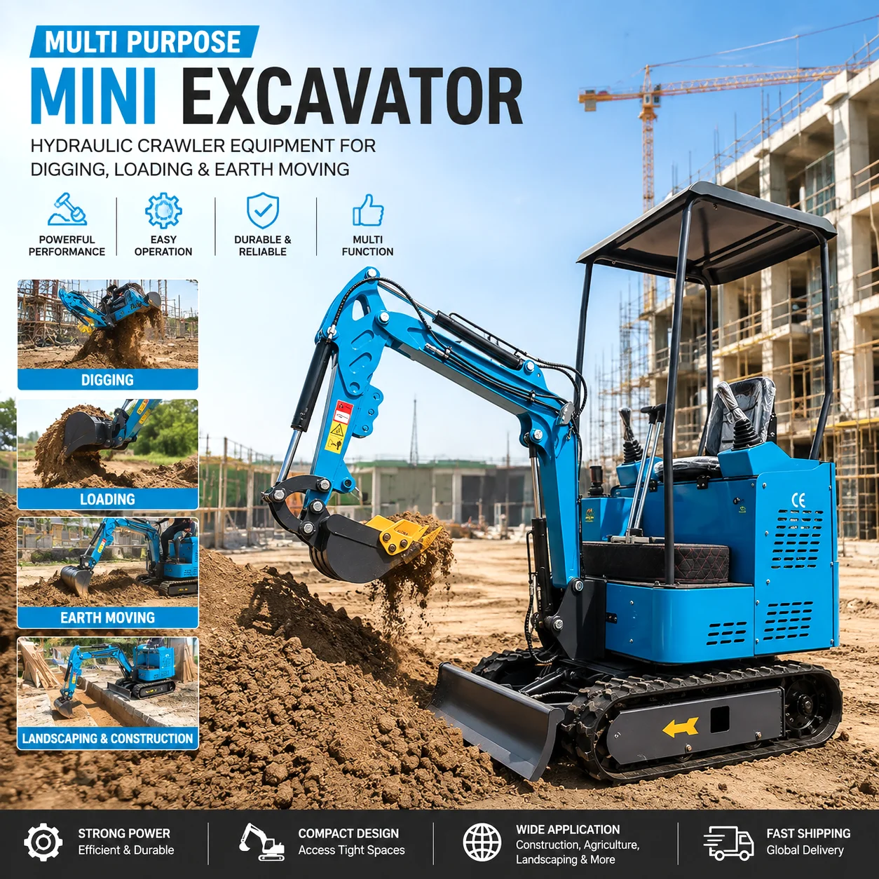 Customize Hot Sale Mini Excavator Compact Hydraulic Digger with Canopy Optional Attachments for Landscaping