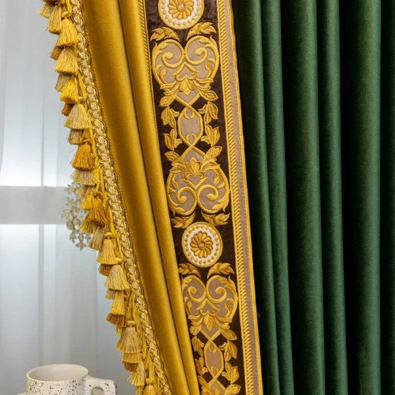 

High-end Lace Dark Green Velvet Blackout Thickened European Embroidery Curtains for Living Dining Room Bedroom Retro Print