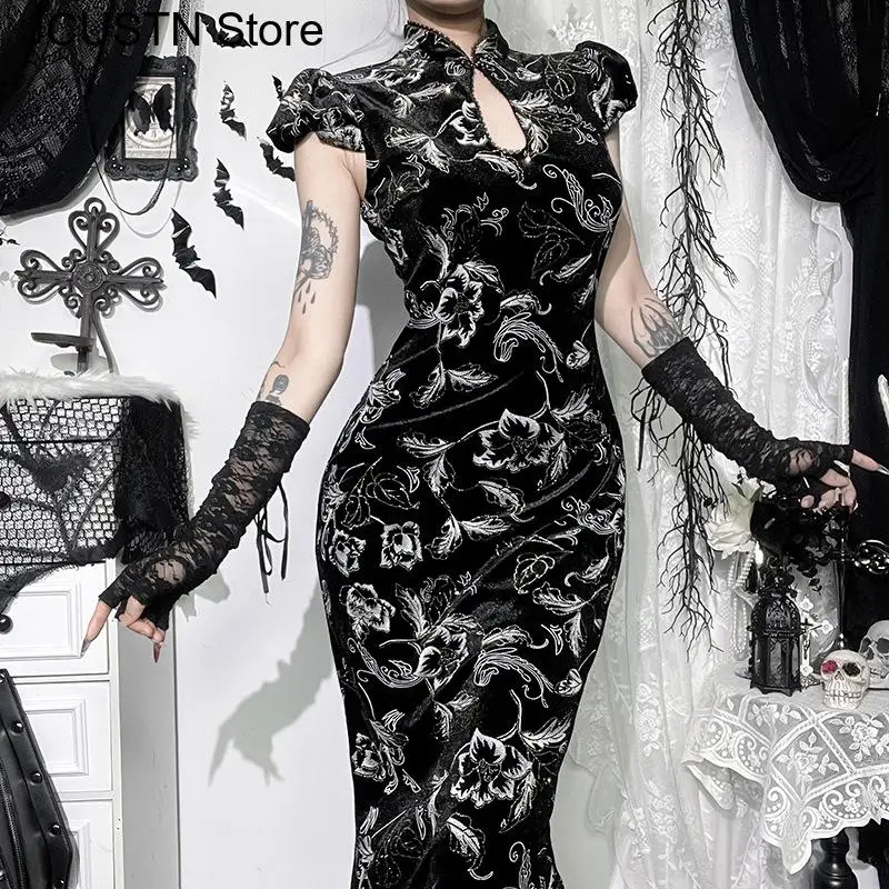 

Gothic Dark Qipao Improved New Chinese Style Dress Lady Sexy Cheongsams Black Print Evening Party Dress Short Sleeve Vestidos