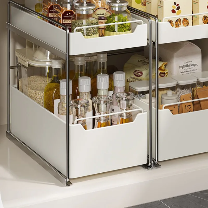 Pull-Out Type Dish Countertop Cabinet Organizer Under Sink 2 Layer Storage Racks Sliding Seasoning Bottle Holder Shelves Kitchen