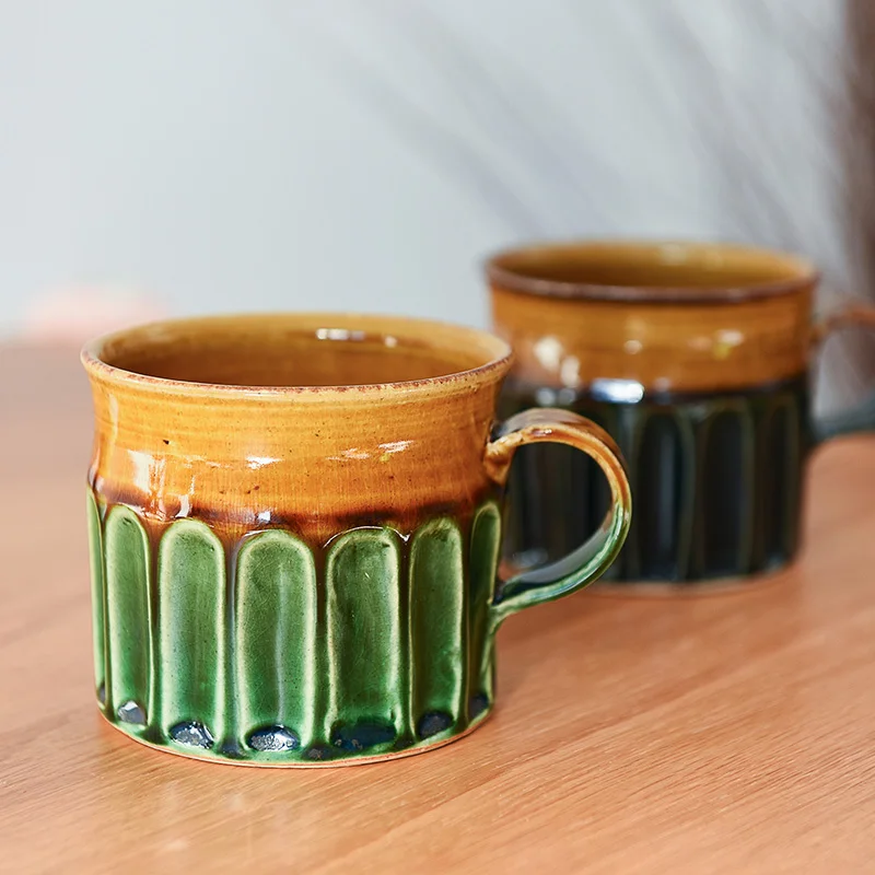 Hand made rough pottery, green, dark blue, caramel, retro, carved flower, coffee cup, mark cup