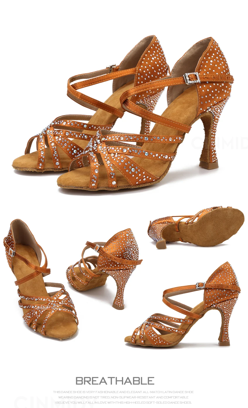 CINMIDY Damen Satin Party Tanzschuhe Strass Weiche Sohle Latein Tanzschuhe Salsa Tanzsandalen Damen Hochzeitsschuhe – Detail 10