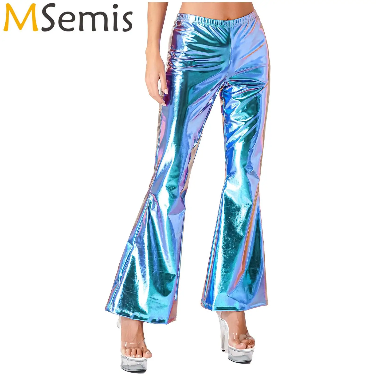 

Womens Shiny Metallic Disco Pants Elastic Waistband Bell Bottom Flared Trousers 70’s Theme Party Cosplay Clubwear Costumes