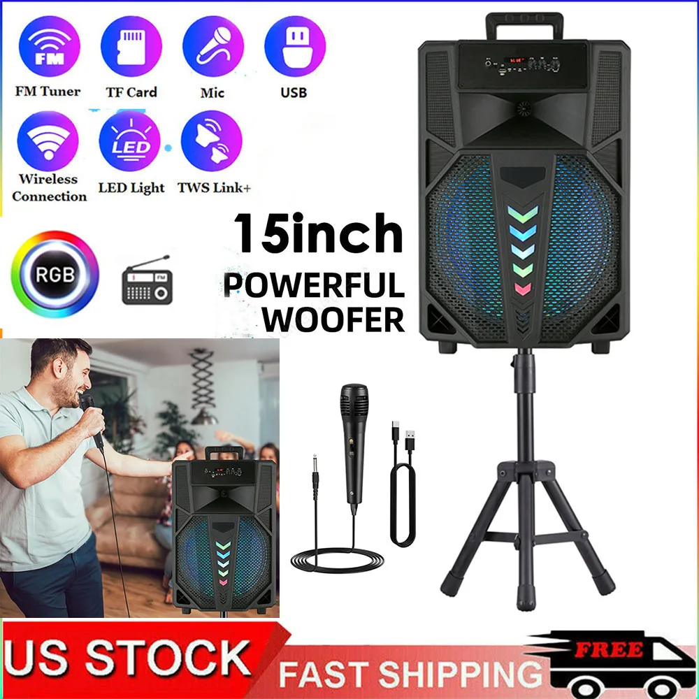 

3000W Portable Bluetooth Speaker 15" Subwoofer w/Stand Sound System Wireless Rechargeable Boombox Party Speaker