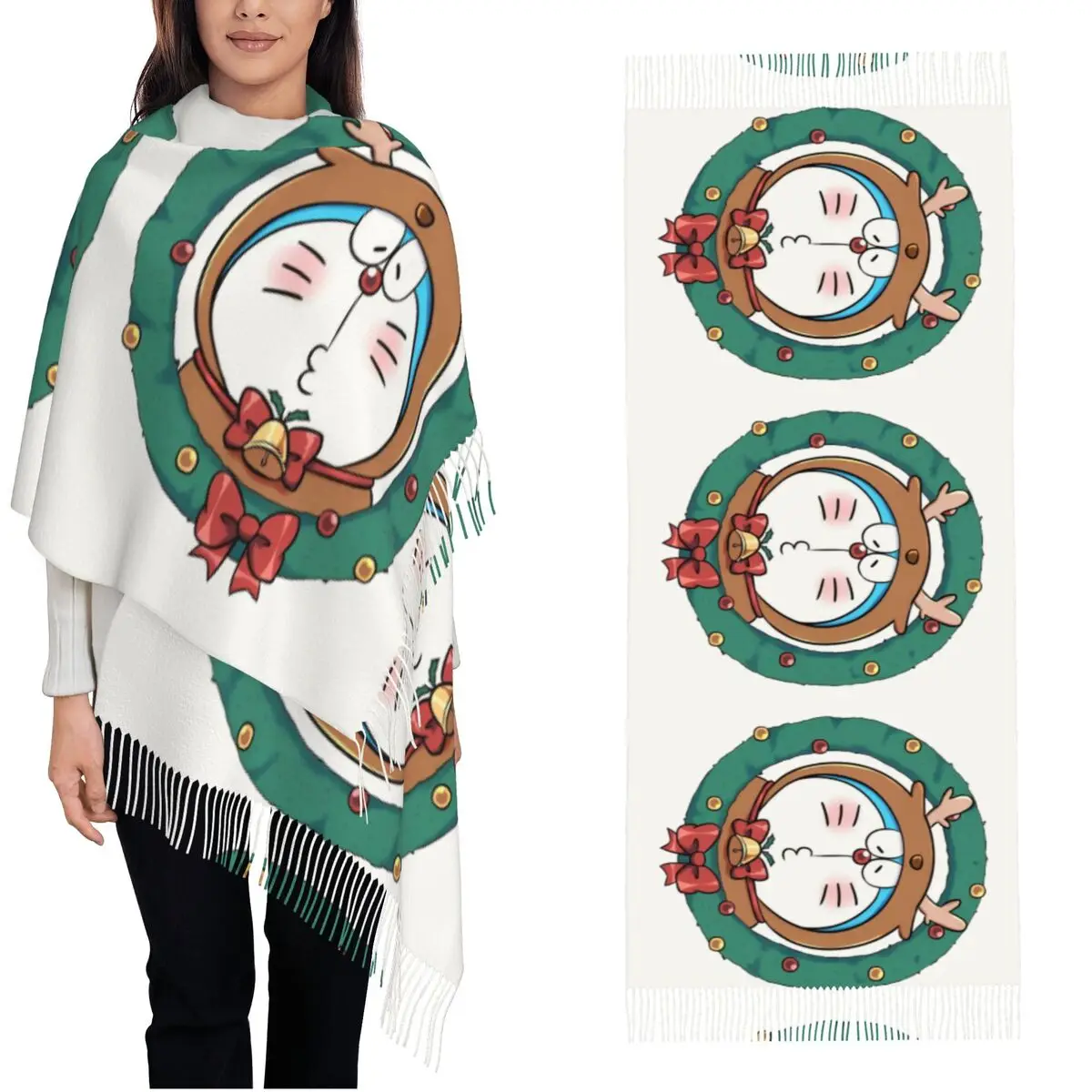 Doraemon Merry Christmas Scarf for Women Fall Winter Pashmina Shawls and Wrap Long Large Shawl Scarf Lightweight