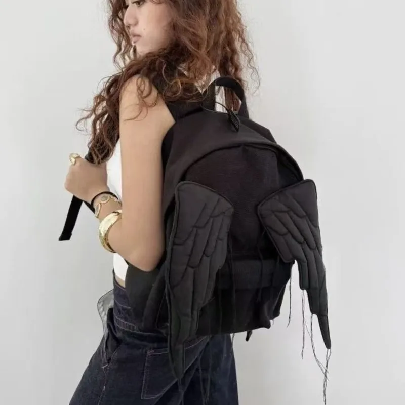 Y2k نمط الجناح على ظهره للنساء اليابانية لطيف الملاك حقيبة قماش قنب الإبداعية شرابة بلون طالب حقيبة كتف سعة كبيرة #6