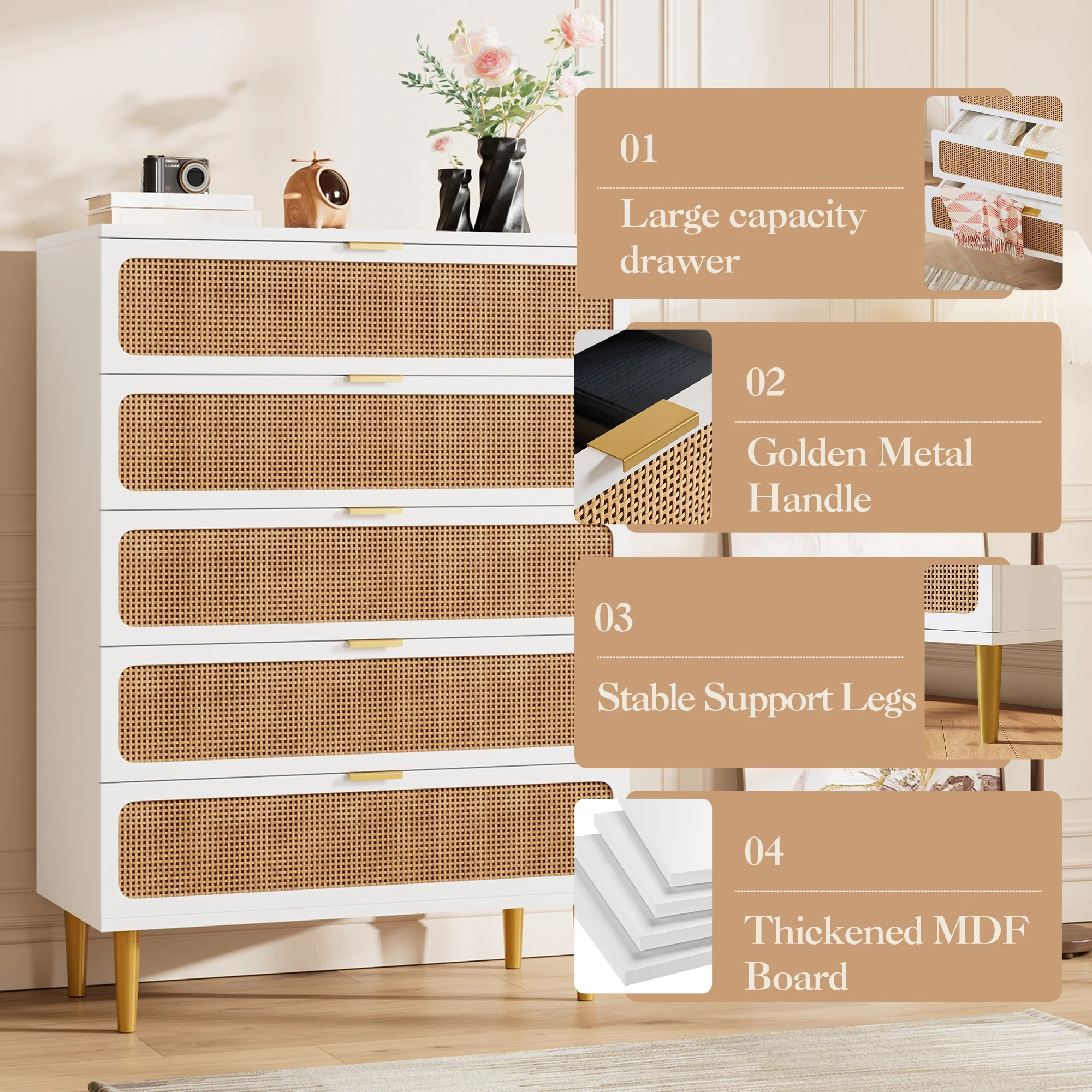 Spacious Storage Rattan 5 Drawer Dresser - Tall Modern Wooden Chest, Deep & Wide Drawers for Bedroom, Living Room, Hallway, Nursery Organizer