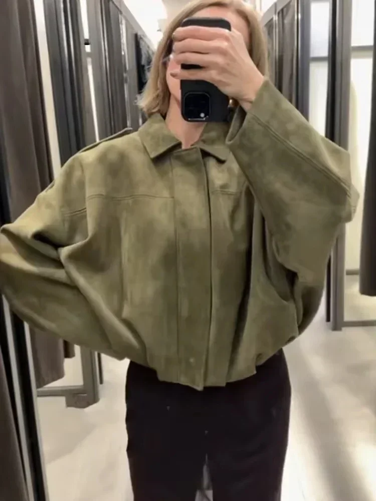 

Green Suede Jacket For Women Fashion Lapel Zipper Long Sleeve Pockets Bomber Coat 2025 Spring Lady Loose Motorcycle Outwears