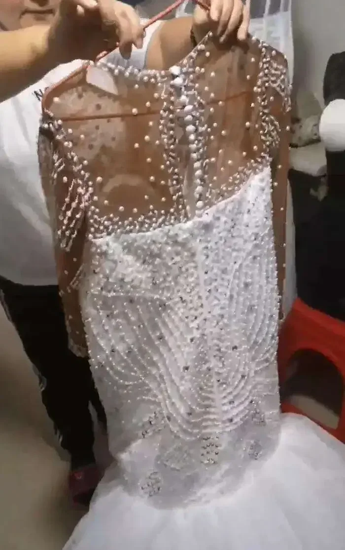 Customized  Scoop Neck Sparkly Beads Crystals Mermaid Wedding Dress African Long Sleeves Vestido De Noiva Sereia Bridal Gowns