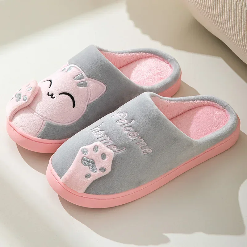 Women Winter Warm Slippers Cartoon Cat Shoes Furry Plush Slides Round Toe Flats Indoor Home Bedroom Floor Slippers Ladies Shoes