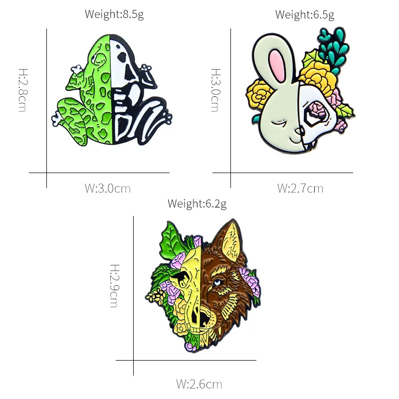 Flower plants Animals Skull Enamel pins Rabbit Frog Wolf Boar Skeleton Anatomy Badges Brooch Gifts for Friends Jewelry wholesale