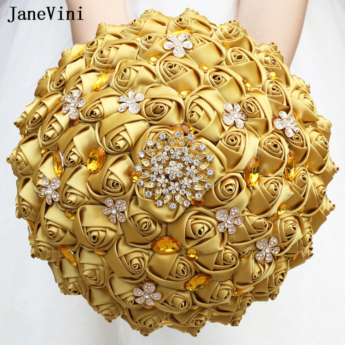 

JaneVini Light Gold 30cm Bridal Bouquets Bling Rhinestones Artificial Satin Roses Bride Flowers Bouquet for Wedding Customized