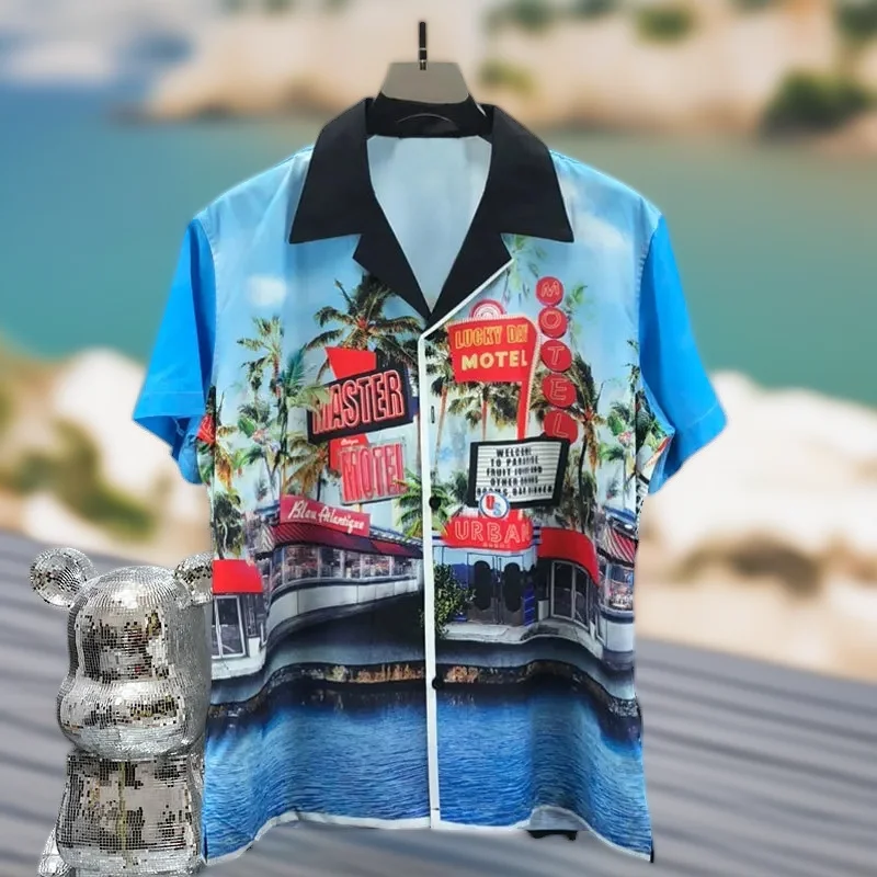 

2025 Summer Men's Hawaiian Cuban Shirt Button Short Sleeve Coconut Tree Print Casual Beach Hip Hop Harajuku Street Style