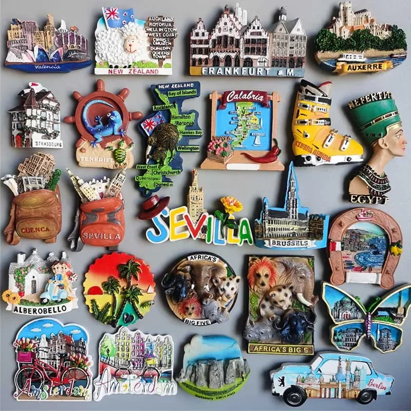 Ímãs de geladeira Lembrança turística França Nova Zelândia Frankfurt Nevada Tenerife Espanha Egito Bruxelas África Amsterdam Berlim Saipan