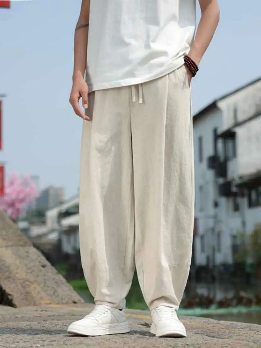 

Мужские повседневные брюки с широкими штанинами из хлопка и льна для весны и осени, прямые брюки-фонарики для тай-чи, комфортная посадка