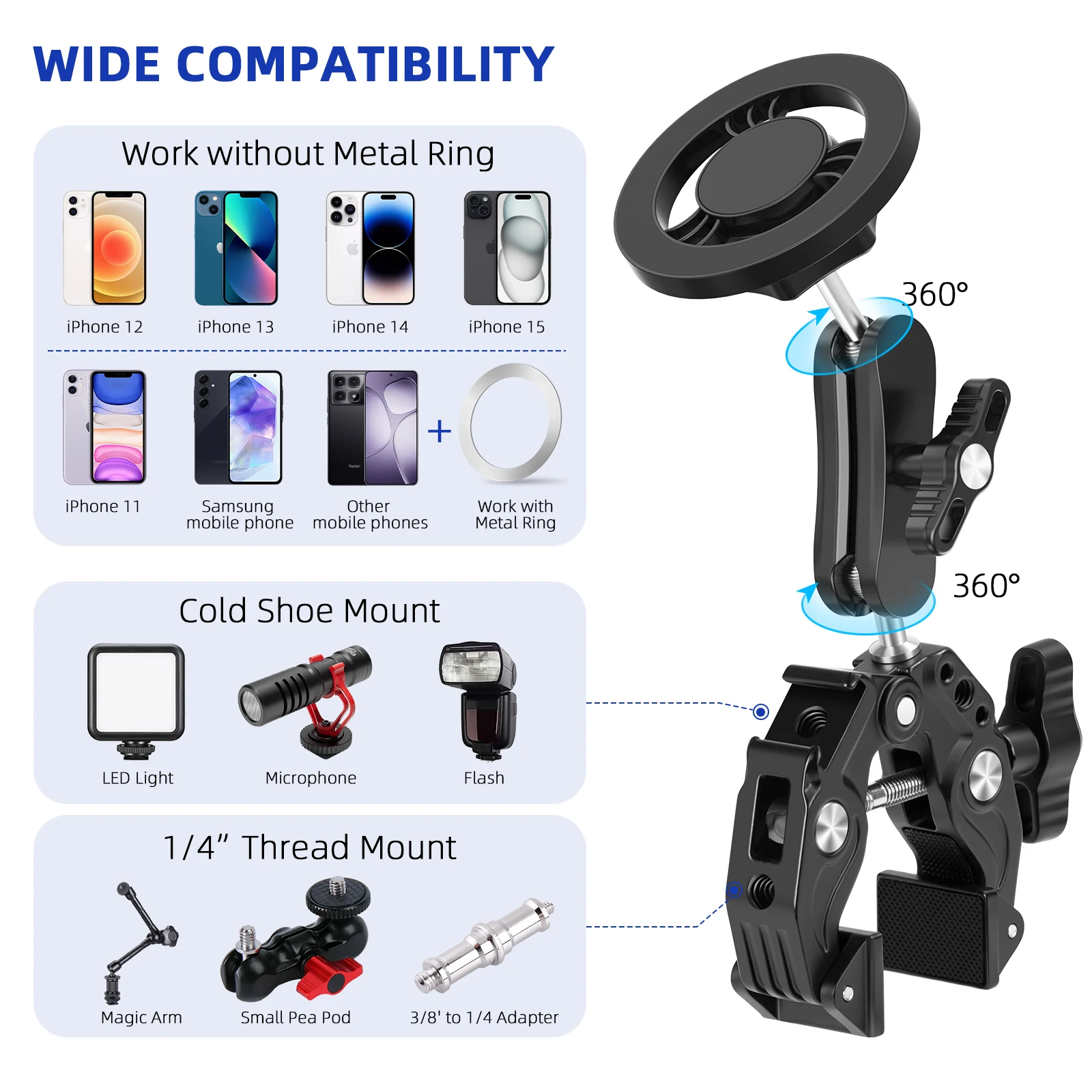 

Super clamp Cell Phone Clamp Mount Monitor 360° Double Ball Magic Arm, Strong Magnetic Aluminum Alloy Phone Holder