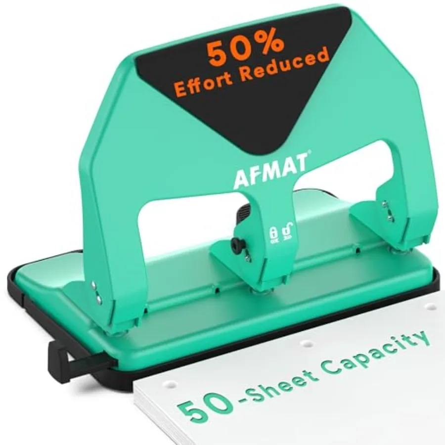 

Heavy Duty 3 Hole Punch 50-Sheet Capacity 50% Reduced Effort Three Hole Puncher for Binder 10K+ Uses Large Chip Tray Adjustable