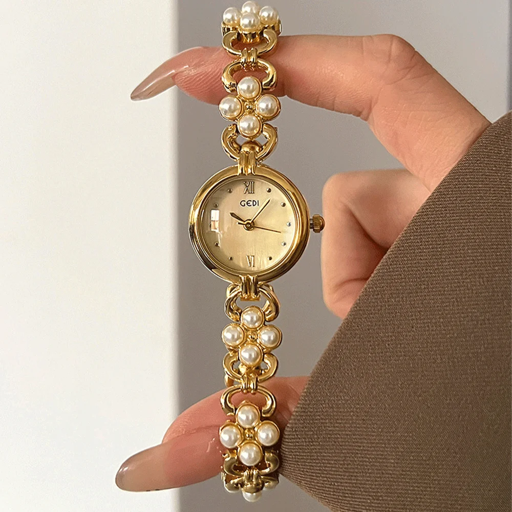 

Женские часы GEDI с жемчужной цепочкой, изысканные модные элегантные универсальные кварцевые часы для повседневного ношения