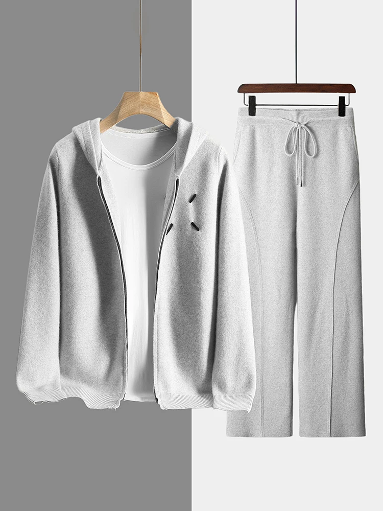 Men 100% Cashmere Zipper Suit Hoodie Sweater Cardigan and Straight Pants Autumn Winter Grace Casual Cashmere Knitwear Tops Pants