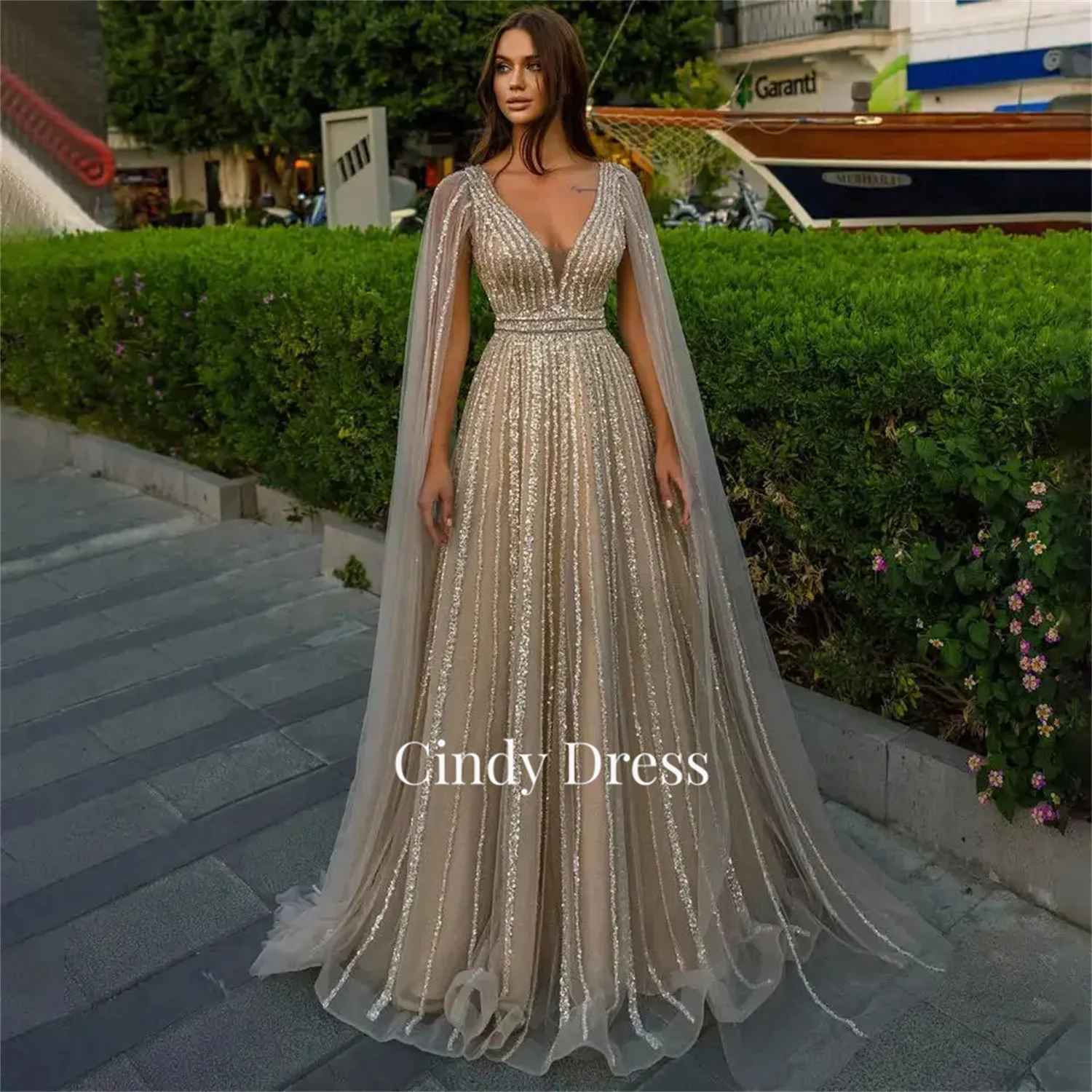 Cindy-Vestido largo de lujo con cuentas para mujer, traje elegante y bonito de corte en A, para fiesta de boda y graduación, 2023