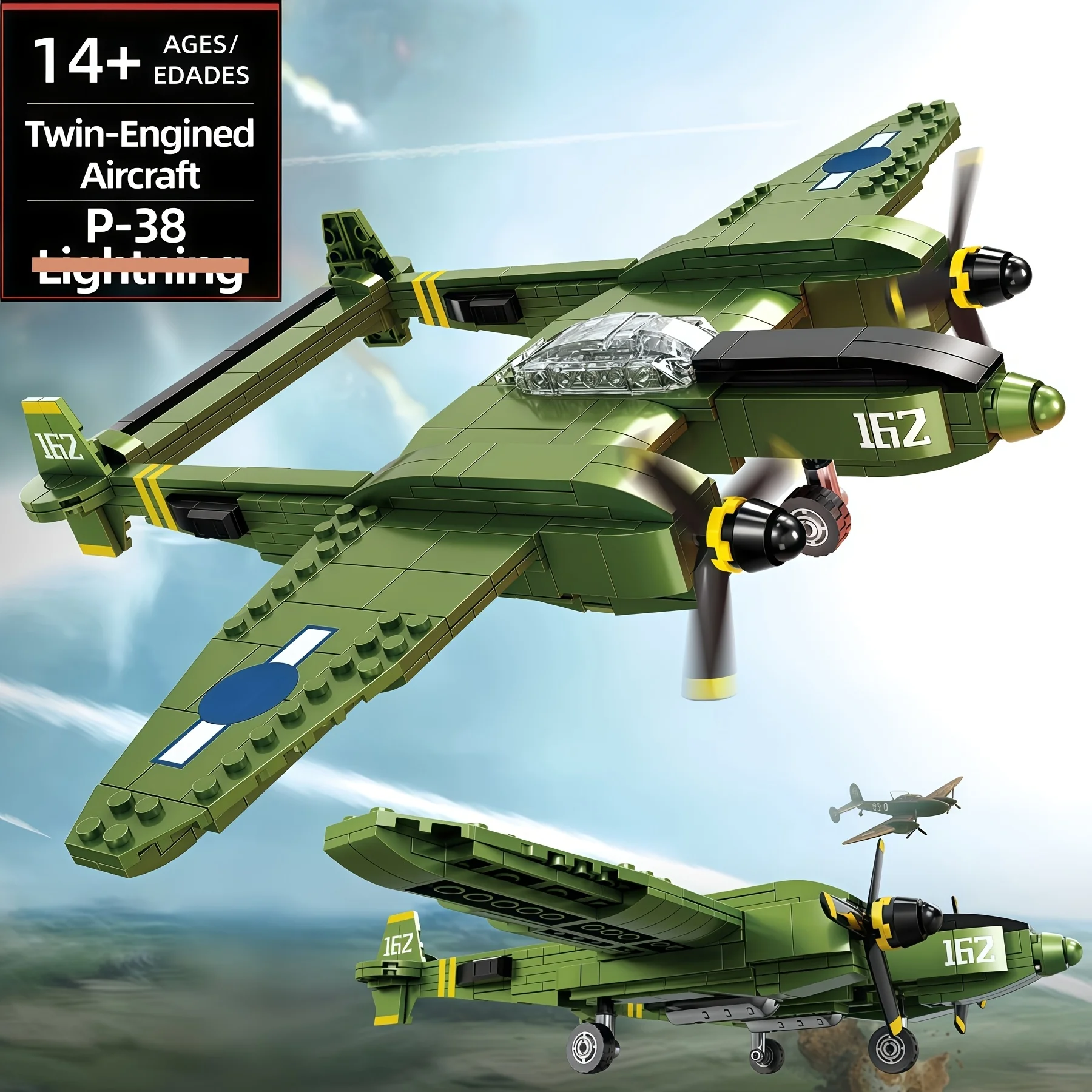 

P-38 twin-engine fighter plane building blocks, classic WWII military "Lightning" aircraft transport plane bomber model set, hol