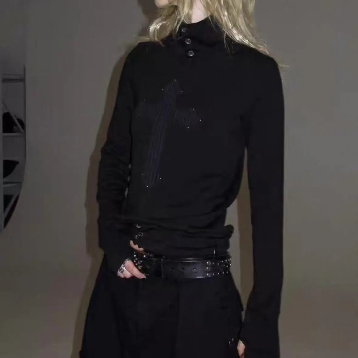 

Kimotimo American Retro Turtleneck Printed Diamond T Shirts Women Punk Long Sleeved Base Tops Harajuku Y2k Grunge Casual Tees