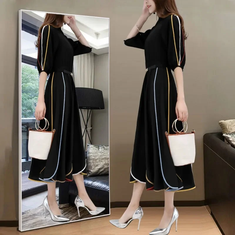 2024 Summer Korean Version Fashion Thin Cover The Belly Black Chiffon Age-Reducing Women Clothing Medium Long Fat Sister Dress