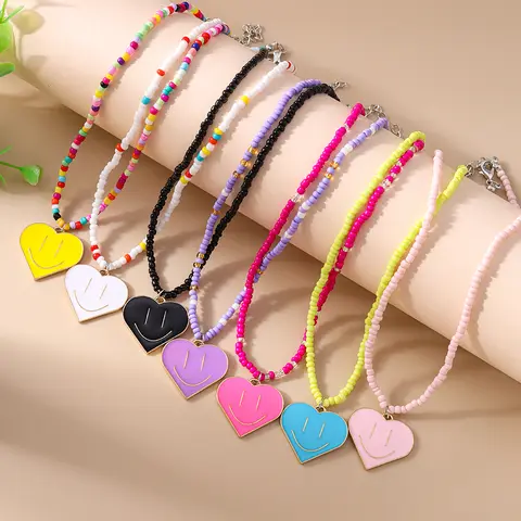 7 पीस/सेट प्यारा बोहेमिया स्माइल फेस हार्ट नेकलेस महिलाओं लड़कियों के लिए हस्तनिर्मित मनके हार पेंडेंट पार्टी हॉलिडे ज्वेलरी गिफ्ट 12 best sales हार स्माइली - №3
