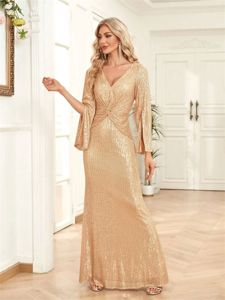 Vestido de noche Formal de manga corta con cuello en V de lujo para mujer 2024 lentejuelas fiesta de boda graduación Maxi vestidos de cóctel vestido de graduación