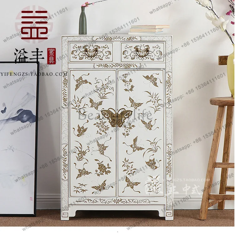 LS New Chinese Furniture Antique Solid Wood Entrance Cabinet Hand Painted Gold Foil Treasure Butterfly Cabinet Storage