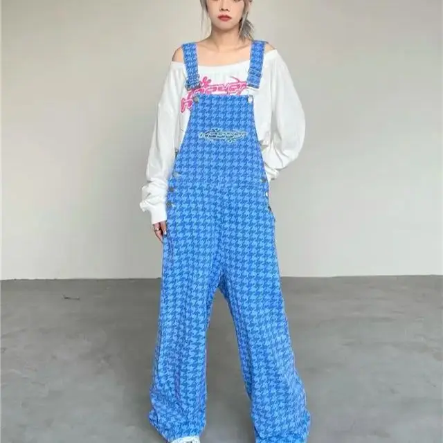 

Braces Trousers High Quality Plaid Pink Blue High Street Women Korean Loose Summer Wide Leg Pants Braces Trousers 2024 Vintage