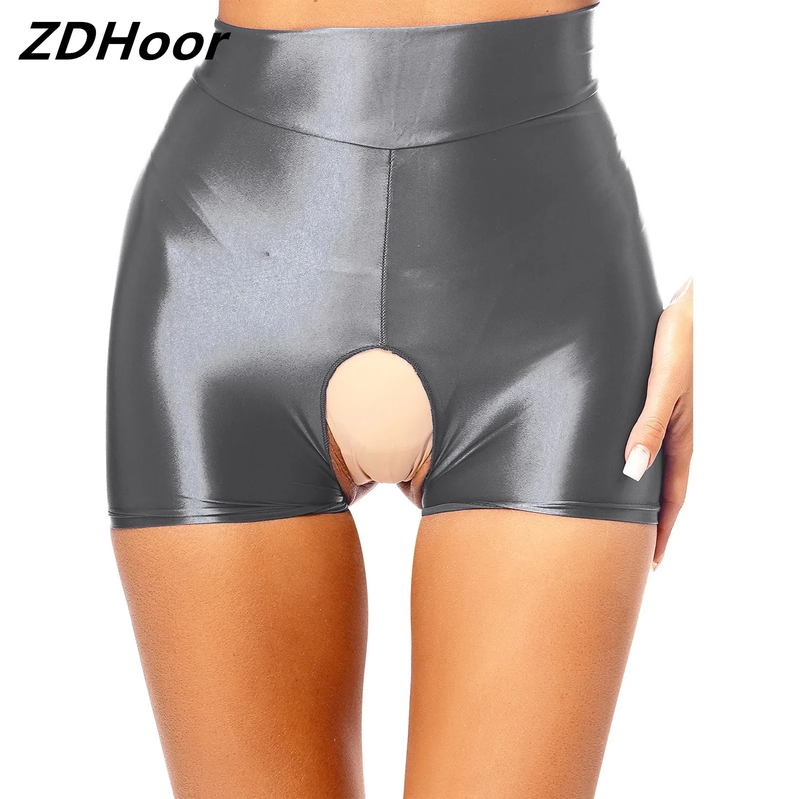 Glossy Stretchy Shorts for Womens Sexy Crotchless High Waist Boxer Underwear Tummy Control Shapewear Lingerie for Gym Yoga