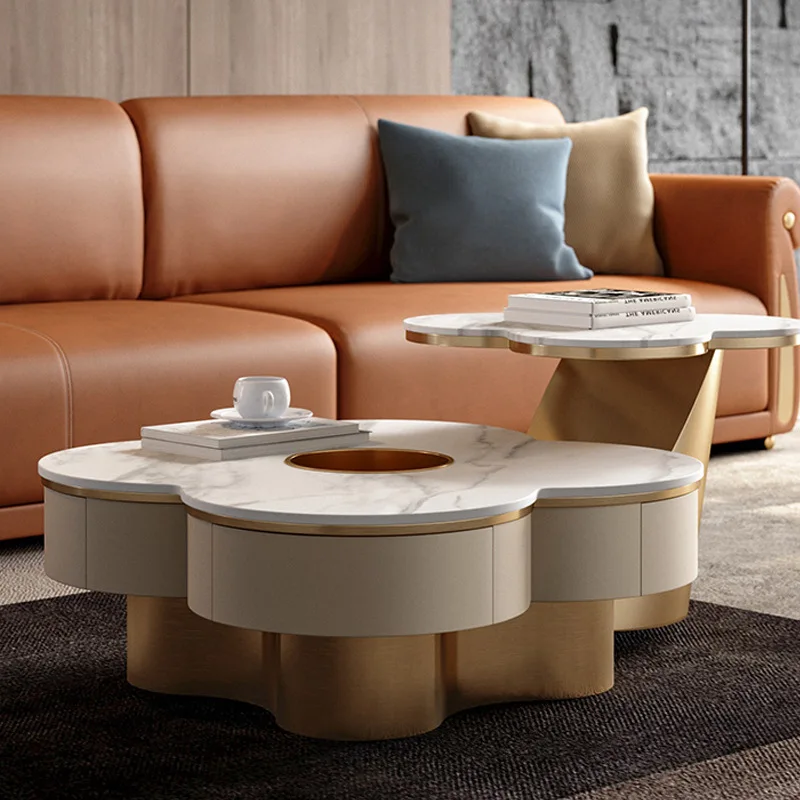 Italian Light Luxury Rock Plate Tea Table Living Room Household Size Round Combination Clover Modern minimalist Master Design Ar