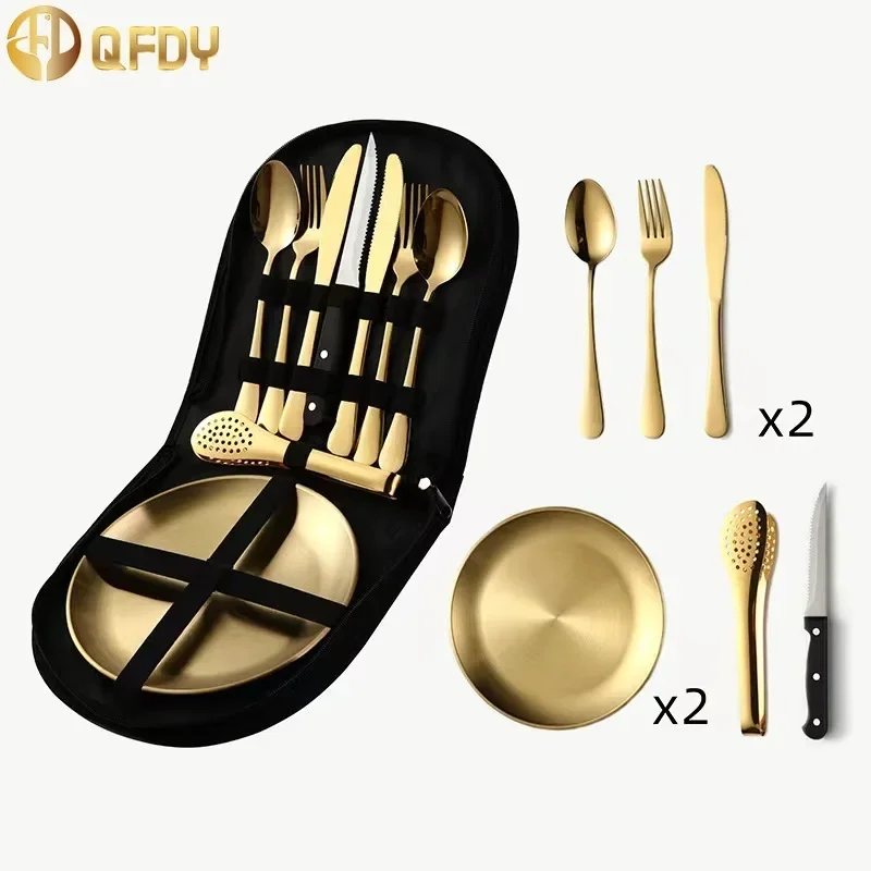Stainless steel outdoor portable tableware set Camping steak knife, fork, spoon tableware set Storage bag Kitchen food tools