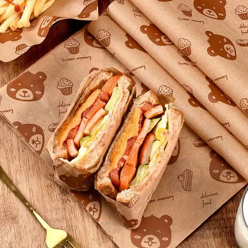 100Pcs/200Pcs Bear/Large Bear Paper Liners, Oil-Proof Baking Sandwich Wax Paper, Suitable for Deli Shops, Sandwich Packaging, Pizza, Burgers and Bread view 5