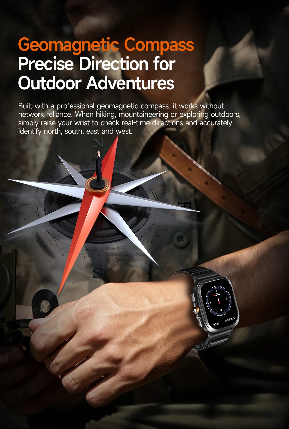 สมาร์ทวอทช์ทหารสำหรับผู้ชาย ปี 2025 พร้อม GPS ในตัว แผนที่ออฟไลน์ ไฟฉาย เข็มทิศ วัดอัตราการเต้นของหัวใจ โทรผ่านบลูทูธ กันน้ำ 1ATM