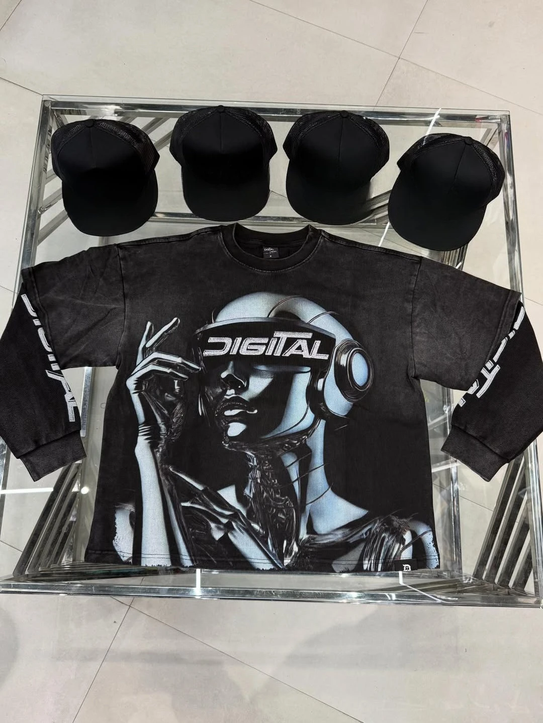 

New Popular Super Cool Personality Pattern Washed Black Short-Sleeves Versatile Style Commute FashionableT-Shirts for Couple's