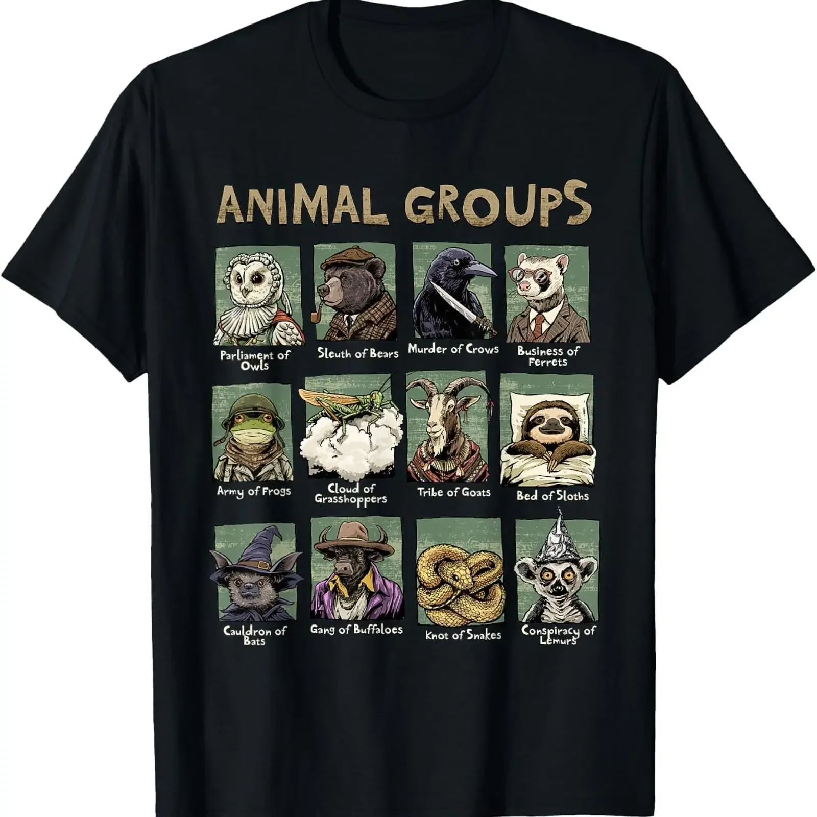Animal Groups Unveiled Educational Wildlife Design T Shirt vintage Washed Top For Everyday Wear Stretched Slightly Stylish
