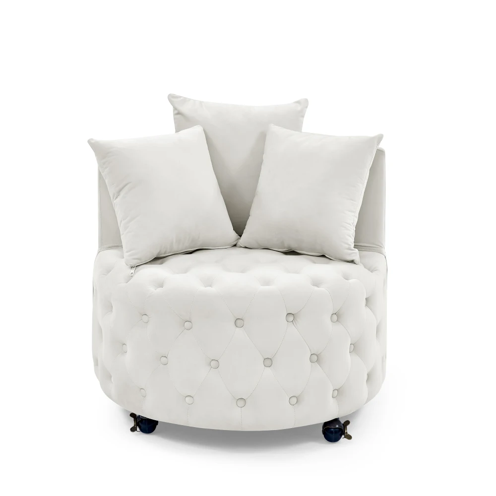 

Velvet Upholstered Swivel Chair for Living Room, with Button Tufted Design and Movable Wheels, Including 3 Pillows, Beige