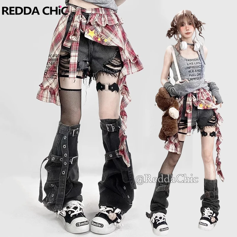

REDDACHiC Retro Y2k Women Set Star Plaid Coverups Belts Cargo Leg Warmers Ripped Frayed Denim Shorts Festival Concert Streetwear