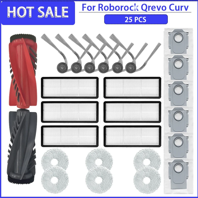 Hauptbürste, Seitenbürste, HEPA-Filter, Mopp, Staubbeutel für Roborock Qrevo Curv / Qrevo Edge / Qrevo S5V Roboterstaubsauger Ersatzteile und Zubehör