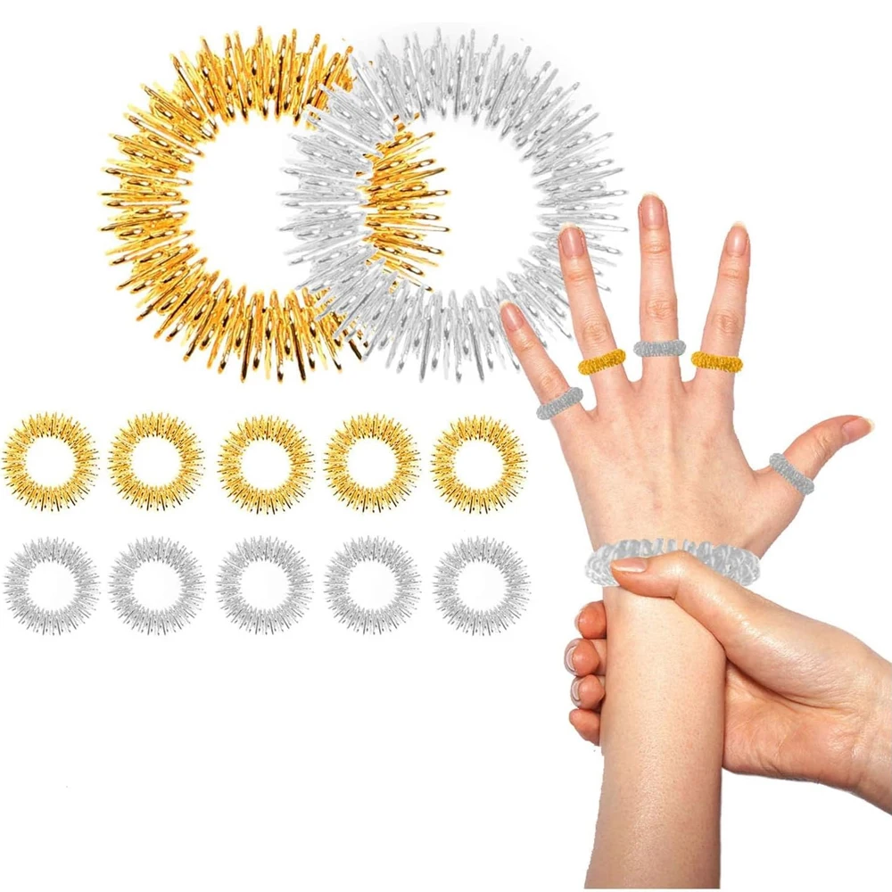 9Pcs/Set Acupressure Rings and Bracelets Massagers Set Spiky Sensory Finger Rings for Finger and Hand Wrist Massage Pain Relief