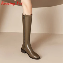 Krazing Pot Cow Leather Square Toe Thick Med Heels Winter Keep Warm Equestrian Boots Fashion Daily Wear Chic Thigh High Boots