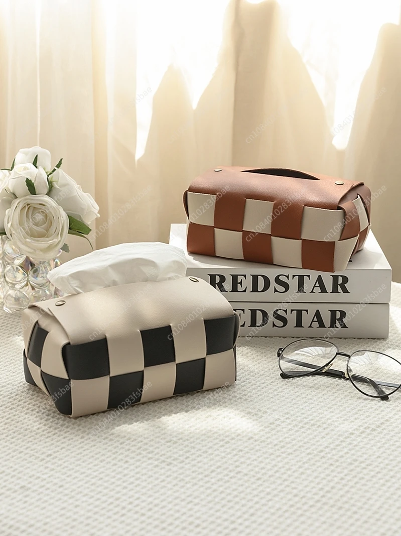 Nordic Ins Style Checkerboard Tissue Box Living Room Modern Light Luxury Dining Table Pumping Carton Soft Car Premium Leather