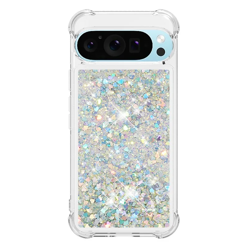 

Прозрачный противоударный чехол с подушкой безопасности Liquid Flow Glitter для Google Pixel 9 Pro XL 9A с приподнятыми краями, анти-желтый, тонкий
