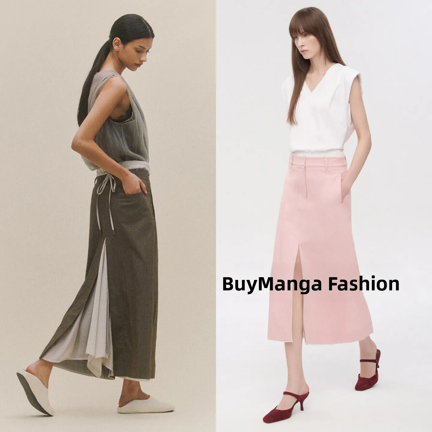 High Waist Commuter Half Skirt Midi Stripe Color Block Drawstring Korean Style Women's Fashion H-Shape Straight Cut Skirt