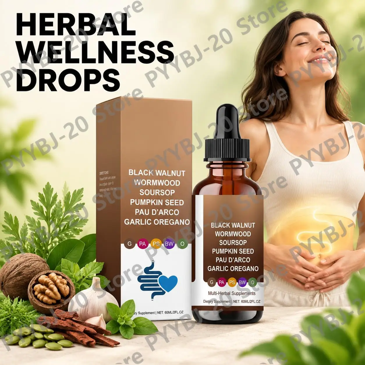 Black Walnut Wormwood Drops Digestive Support Gut Health Immune Support with Soursop Pumpkin Seed Pau D'Arco Garlic Extract 60ml