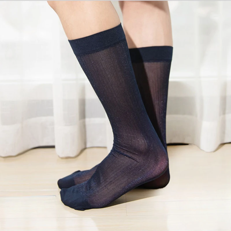 12 Pairs Men Socks Men Bright Silk Sheer Thin Work Business Formal Dress Socks Man High Elastic Casual Nylon Stockings Wholesale