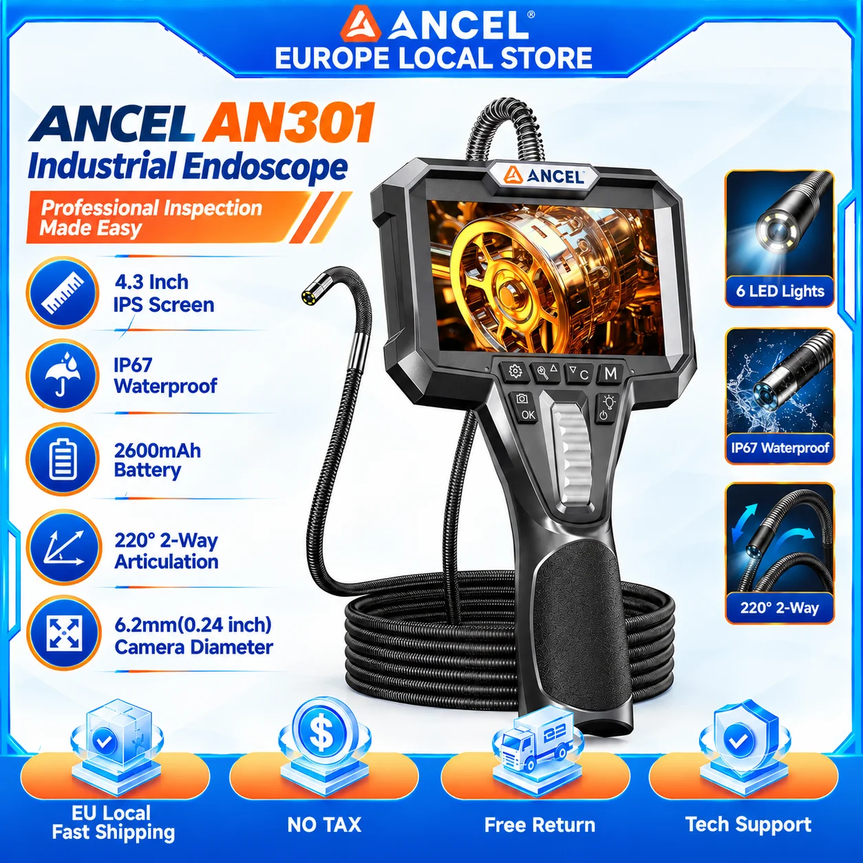 ANCEL AN301 2-wegs boorscoop met verstelbare arm, 4,3 inch HD1080P industriële endoscoopcamera, 6,2 mm, IP67 waterdicht, voor inspectie van auto-motoren, leidingen, riolering en andere
